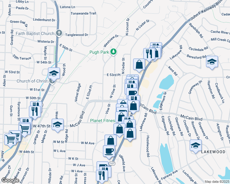 map of restaurants, bars, coffee shops, grocery stores, and more near 5004 North Vine Street in North Little Rock
