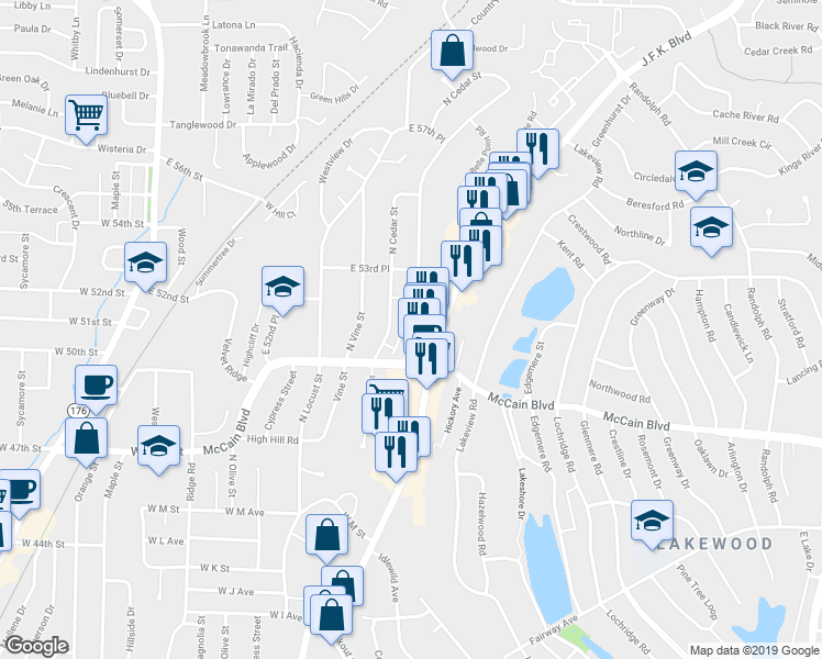 map of restaurants, bars, coffee shops, grocery stores, and more near 5005 North Walnut Road in North Little Rock