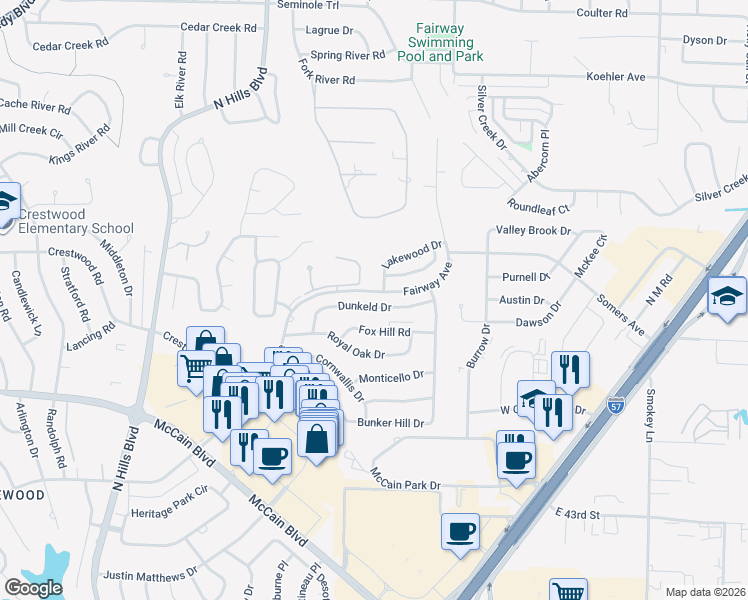 map of restaurants, bars, coffee shops, grocery stores, and more near 3901 Dunkeld Drive in North Little Rock