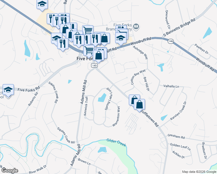 map of restaurants, bars, coffee shops, grocery stores, and more near 106 Spring Lake Loop in Simpsonville