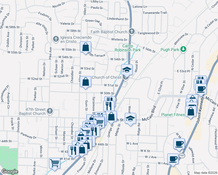 map of restaurants, bars, coffee shops, grocery stores, and more near 300 West 51st Street in North Little Rock