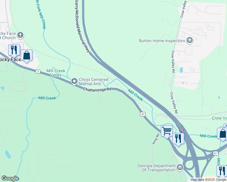map of restaurants, bars, coffee shops, grocery stores, and more near 2415 Chattanooga Road in Dalton
