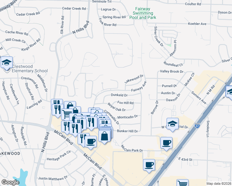 map of restaurants, bars, coffee shops, grocery stores, and more near 3705 Dunkeld Drive in North Little Rock