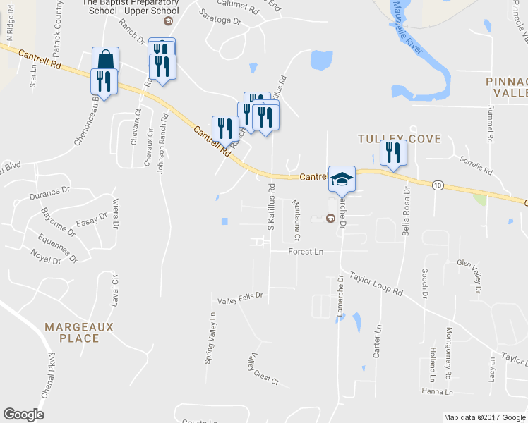 map of restaurants, bars, coffee shops, grocery stores, and more near 3 Longleaf Cove in Little Rock