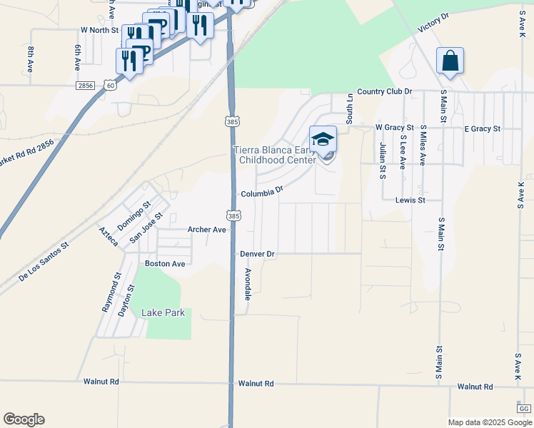 map of restaurants, bars, coffee shops, grocery stores, and more near 1109 Caprock Street in Hereford