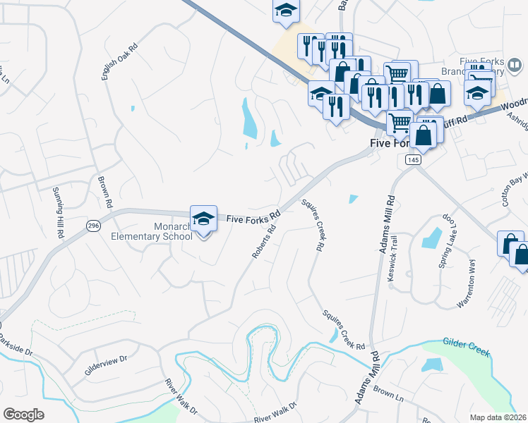 map of restaurants, bars, coffee shops, grocery stores, and more near 307 Cypress Hill Court in Simpsonville