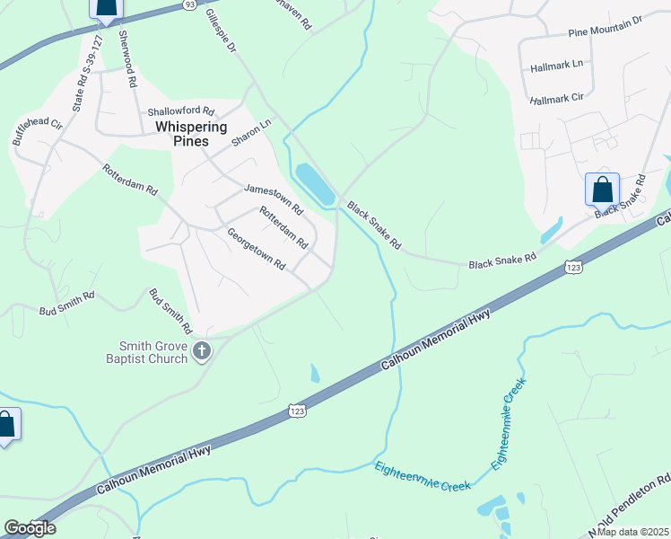 map of restaurants, bars, coffee shops, grocery stores, and more near 1001 Smith Grove Road in Easley