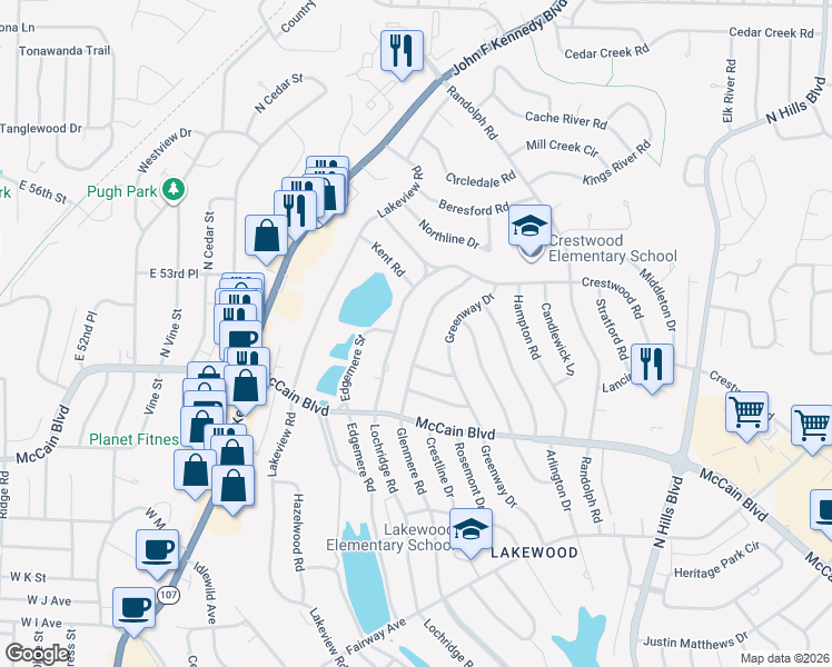 map of restaurants, bars, coffee shops, grocery stores, and more near 5101 Glenmere Road in North Little Rock