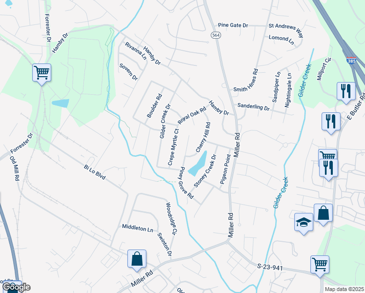 map of restaurants, bars, coffee shops, grocery stores, and more near 408 Piney Grove Road in Greenville