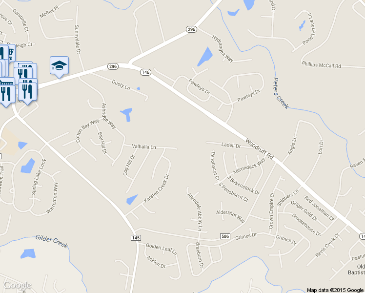 map of restaurants, bars, coffee shops, grocery stores, and more near 311 Valhalla Lane in Simpsonville