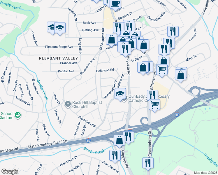 map of restaurants, bars, coffee shops, grocery stores, and more near 7 Valley View Drive in Greenville