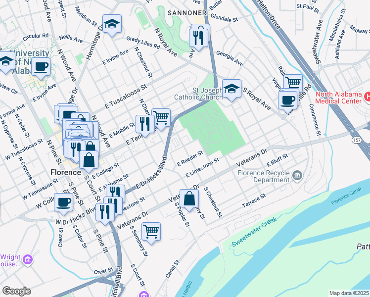 map of restaurants, bars, coffee shops, grocery stores, and more near 601-699 East Alabama Street in Florence