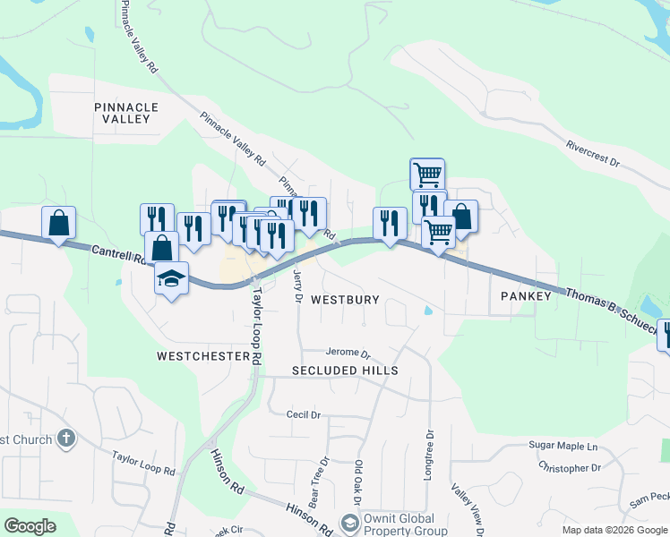 map of restaurants, bars, coffee shops, grocery stores, and more near 14322 Westbury Drive in Little Rock