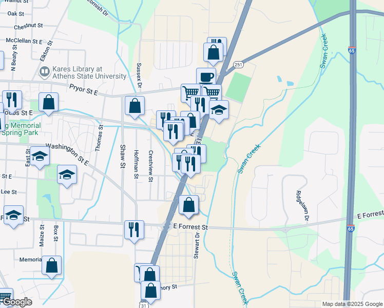 map of restaurants, bars, coffee shops, grocery stores, and more near 98 U.S. 31 in Athens
