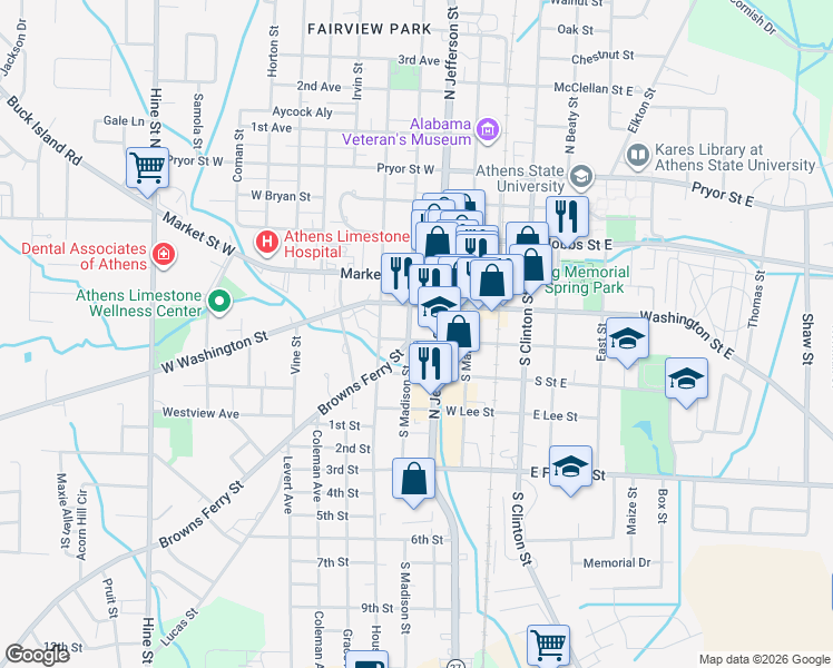 map of restaurants, bars, coffee shops, grocery stores, and more near 217 South Madison Street in Athens
