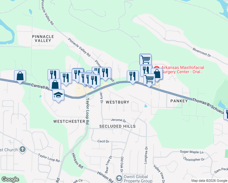 map of restaurants, bars, coffee shops, grocery stores, and more near 14322 Westbury Drive in Little Rock