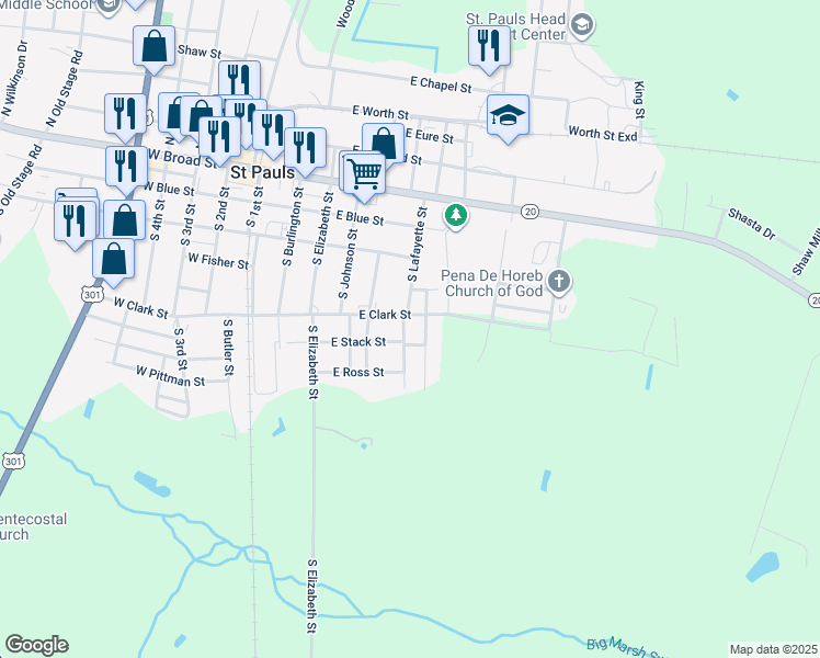 map of restaurants, bars, coffee shops, grocery stores, and more near 409 South Lafayette Street in Saint Pauls