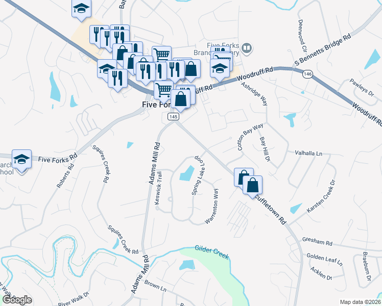 map of restaurants, bars, coffee shops, grocery stores, and more near 106 Spring Lake Loop in Simpsonville