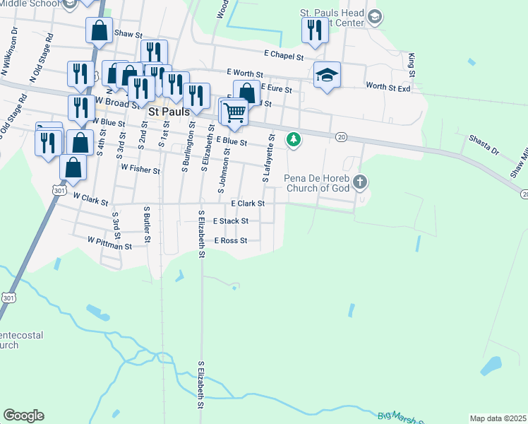 map of restaurants, bars, coffee shops, grocery stores, and more near 409 South Lafayette Street in Saint Pauls