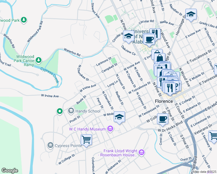 map of restaurants, bars, coffee shops, grocery stores, and more near 547 Long Lane in Florence