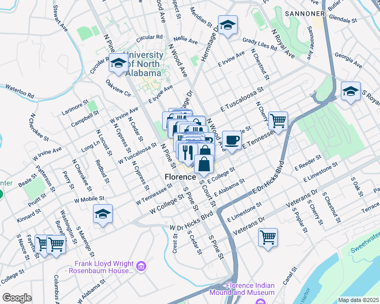 map of restaurants, bars, coffee shops, grocery stores, and more near 212a North Court Street in Florence