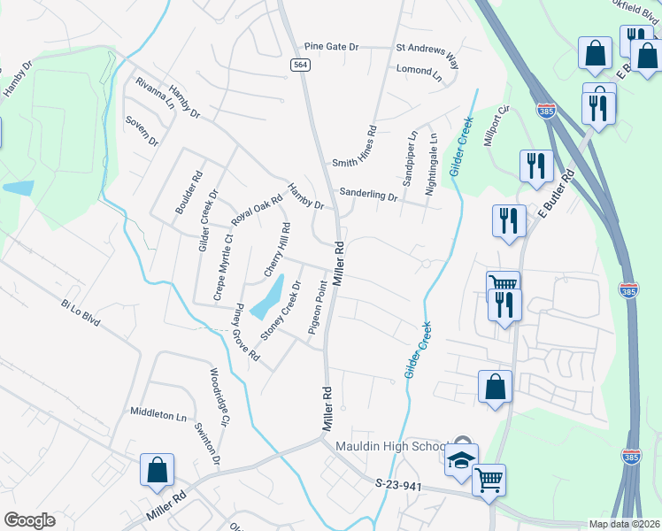 map of restaurants, bars, coffee shops, grocery stores, and more near 100 Burning Bush Lane in Greenville