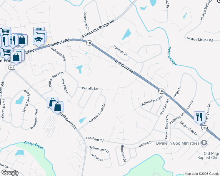 map of restaurants, bars, coffee shops, grocery stores, and more near 311 Valhalla Lane in Simpsonville
