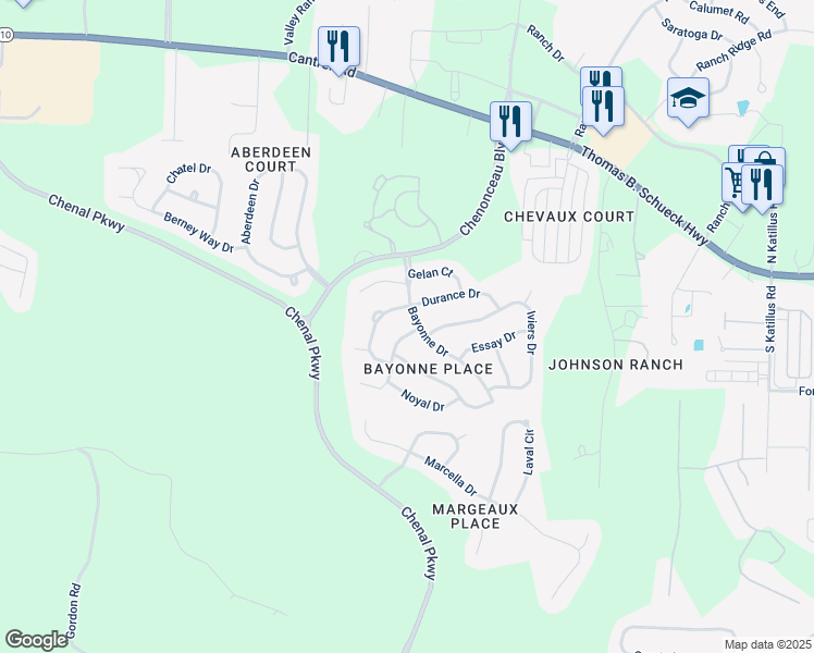map of restaurants, bars, coffee shops, grocery stores, and more near 2 Bayonne Court in Little Rock