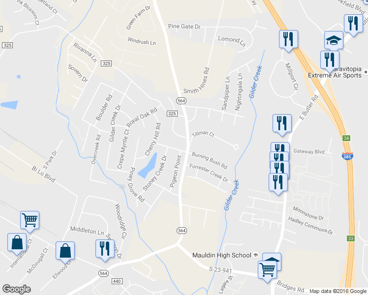 map of restaurants, bars, coffee shops, grocery stores, and more near 100 Burning Bush Lane in Greenville