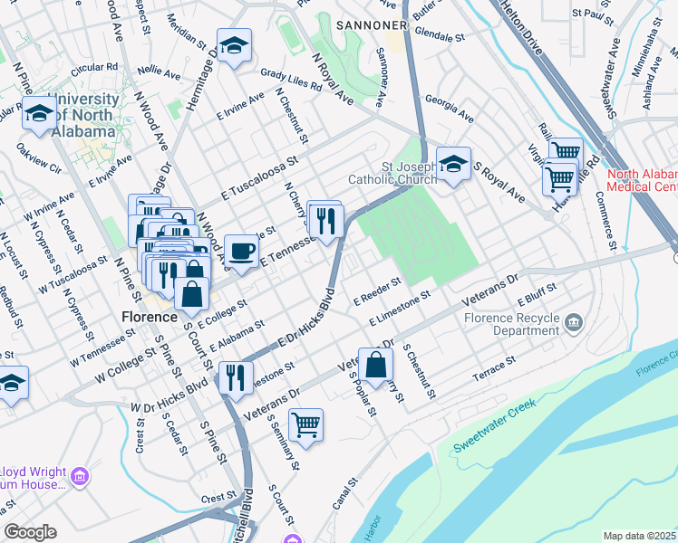 map of restaurants, bars, coffee shops, grocery stores, and more near 601 East Alabama Street in Florence
