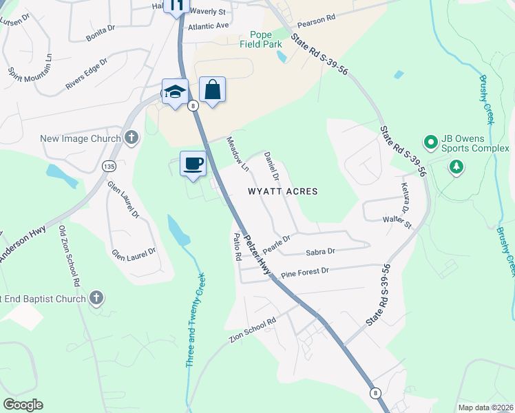 map of restaurants, bars, coffee shops, grocery stores, and more near 212 Meadow Lane in Easley