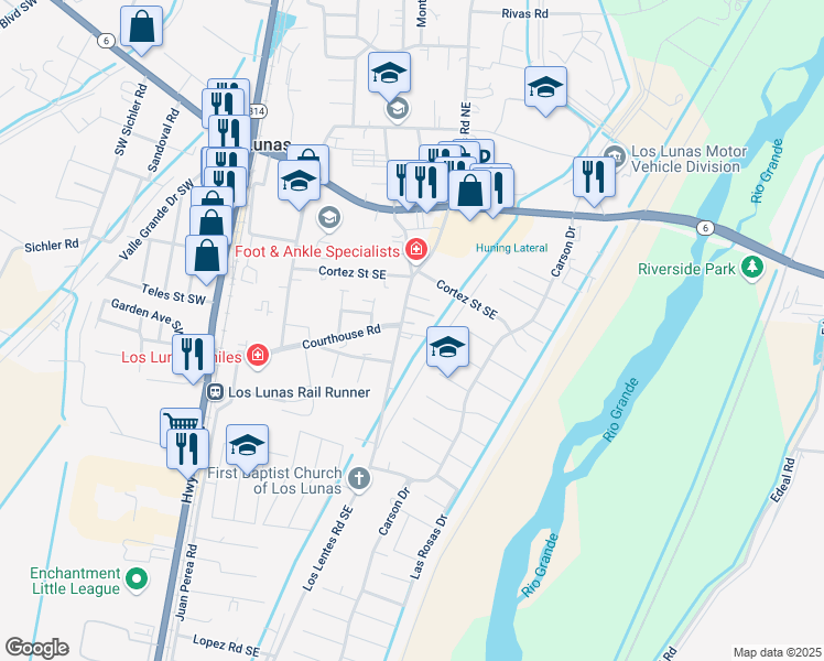 map of restaurants, bars, coffee shops, grocery stores, and more near 520 Los Lentes Road Southeast in Los Lunas