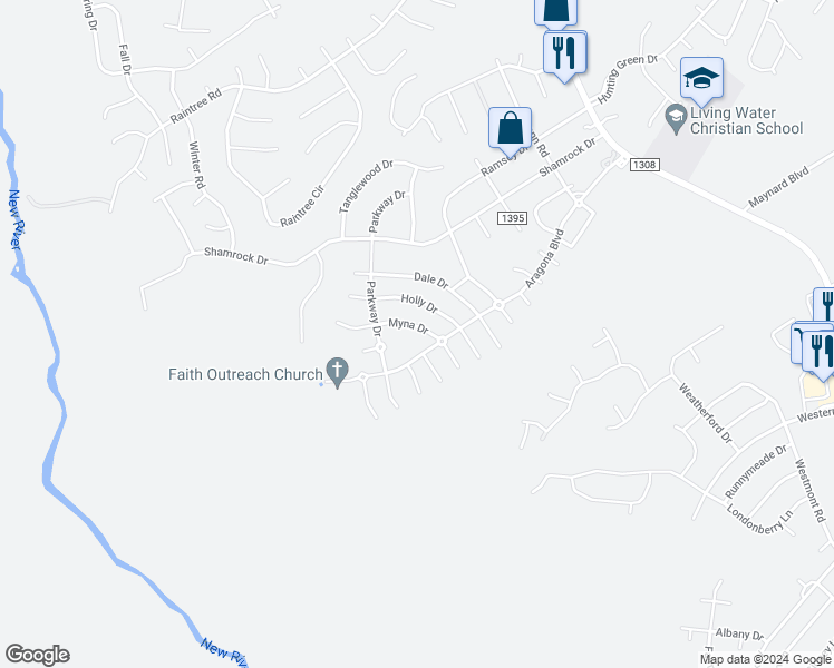map of restaurants, bars, coffee shops, grocery stores, and more near 405 Myna Drive in Jacksonville