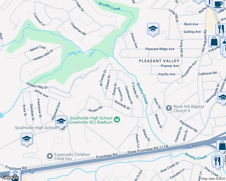map of restaurants, bars, coffee shops, grocery stores, and more near 111 Daisy Drive in Greenville