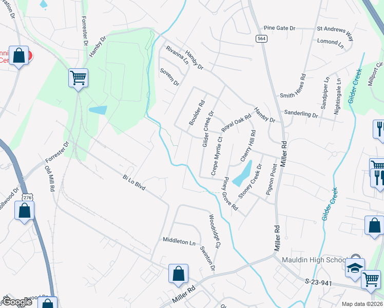 map of restaurants, bars, coffee shops, grocery stores, and more near 207 Overcreek Road in Greenville