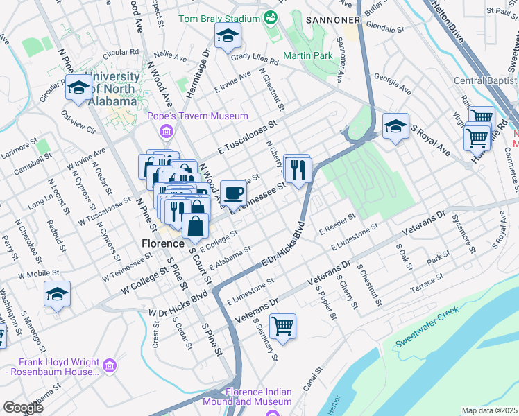 map of restaurants, bars, coffee shops, grocery stores, and more near 108 South Walnut Street in Florence