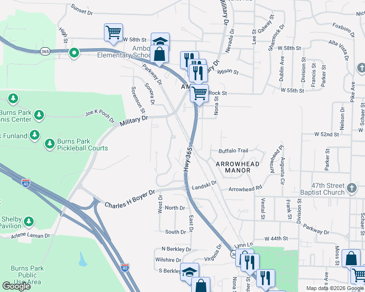 map of restaurants, bars, coffee shops, grocery stores, and more near 5 Amber Lane in North Little Rock