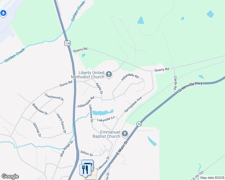 map of restaurants, bars, coffee shops, grocery stores, and more near 616 Hillandale Road in Liberty