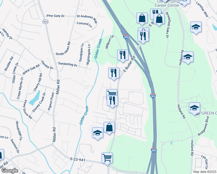 map of restaurants, bars, coffee shops, grocery stores, and more near 102 Forsythia Drive in Mauldin