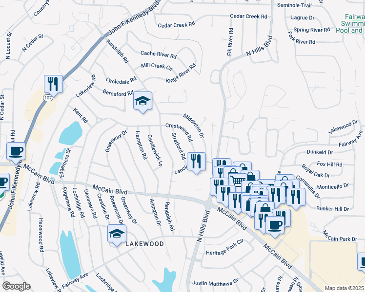 map of restaurants, bars, coffee shops, grocery stores, and more near 5100 Stratford Road in North Little Rock