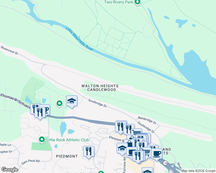 map of restaurants, bars, coffee shops, grocery stores, and more near 11983 Rivercrest Drive in Little Rock