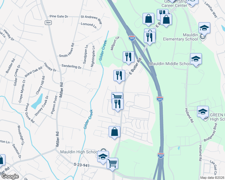 map of restaurants, bars, coffee shops, grocery stores, and more near 106 Forsythia Drive in Mauldin