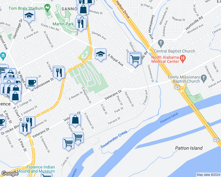 map of restaurants, bars, coffee shops, grocery stores, and more near 1024 East Limestone Street in Florence