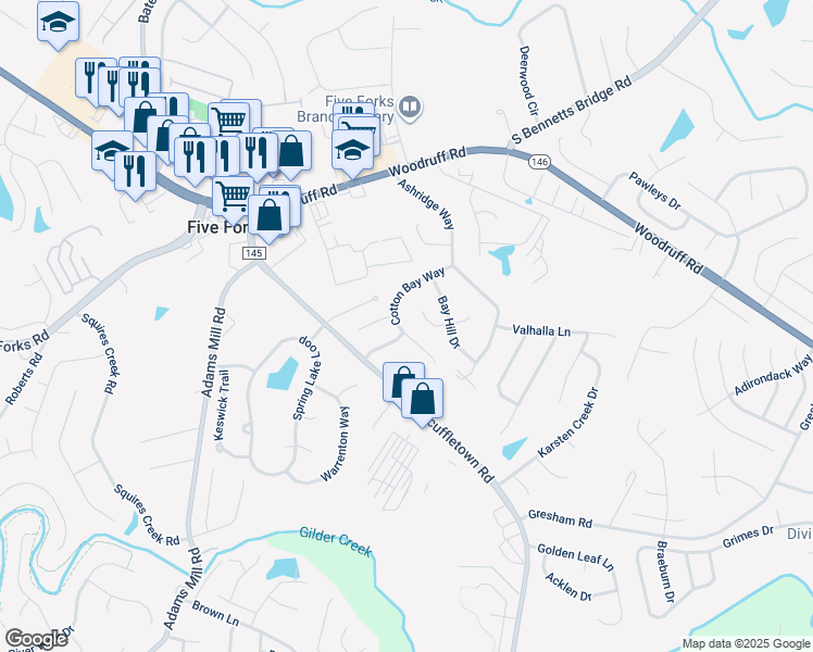 map of restaurants, bars, coffee shops, grocery stores, and more near 205 Cotton Bay Way in Simpsonville