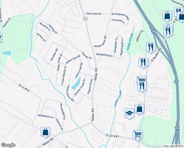 map of restaurants, bars, coffee shops, grocery stores, and more near 100 Burning Bush Lane in Greenville