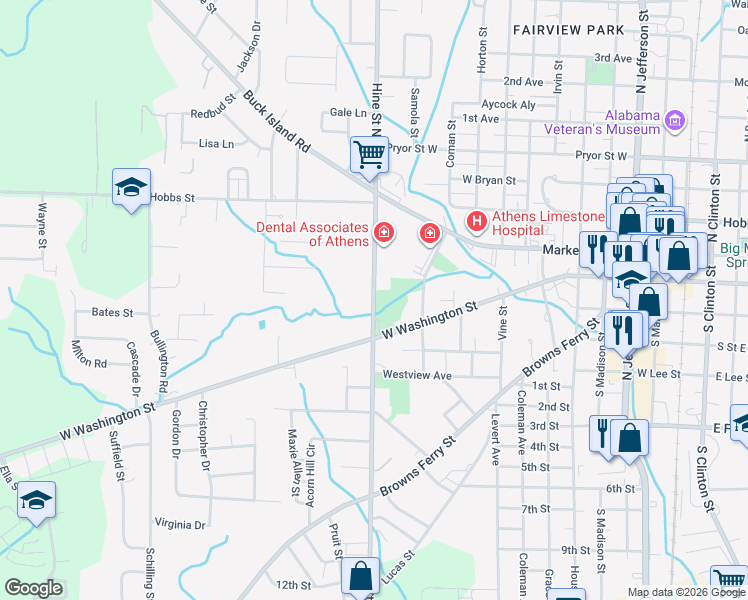 map of restaurants, bars, coffee shops, grocery stores, and more near 220 Hine Street South in Athens