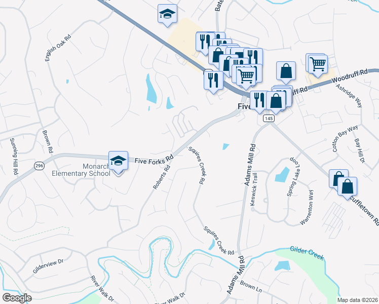 map of restaurants, bars, coffee shops, grocery stores, and more near 312 Squires Creek Road in Simpsonville