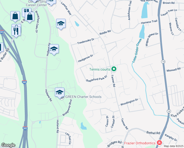 map of restaurants, bars, coffee shops, grocery stores, and more near 3 Pepper Harrow Court in Greenville