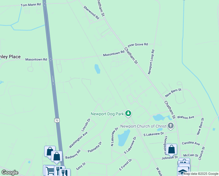 map of restaurants, bars, coffee shops, grocery stores, and more near 103 Coachman Lane in Newport