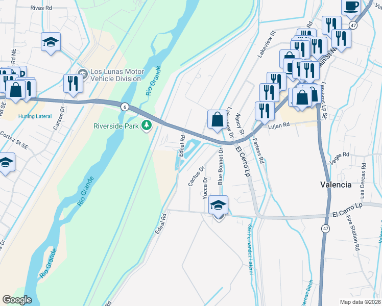 map of restaurants, bars, coffee shops, grocery stores, and more near 5-25 Edeal Road in Los Lunas